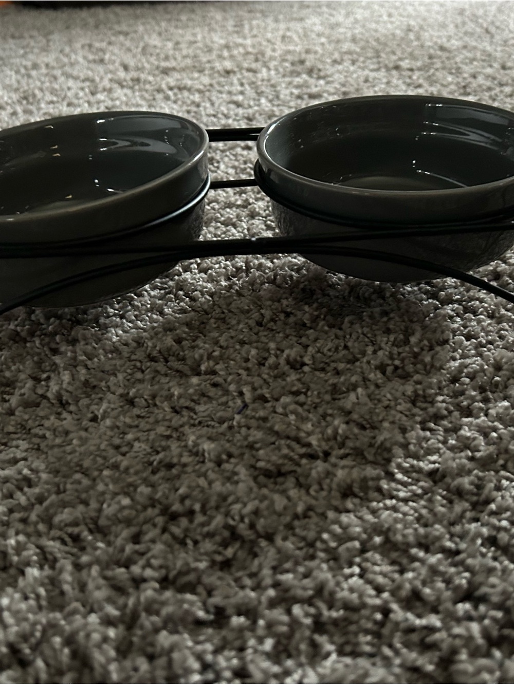 Ceramic Double Bowl Pet Feeder in Dark Gray with Black Stand